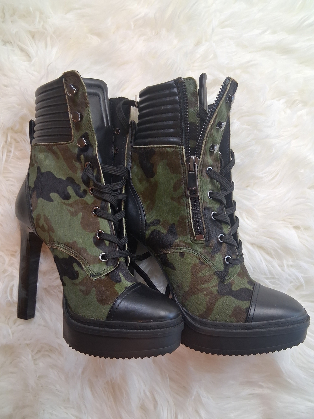 DKNY Green Camo & Black Leather Platform Heeled Ankle Boots
